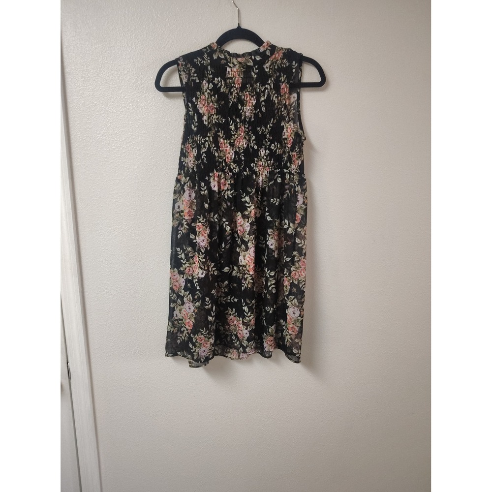 As U Wish Womens Small Black Floral Smocked Sleeveless Mini Dress Tie Neck Rose